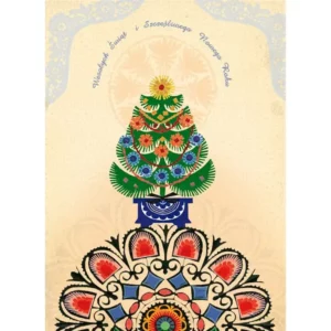 Carte de Noël folklorique polonaise avec un motif de sapin décoré, accompagnée d'une enveloppe assortie, parfaite pour des vœux festifs et traditionnels.