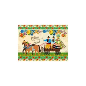 Carte représentant un mariage folklorique polonais avec des motifs colorés et traditionnels, accompagnée d'une enveloppe assortie.