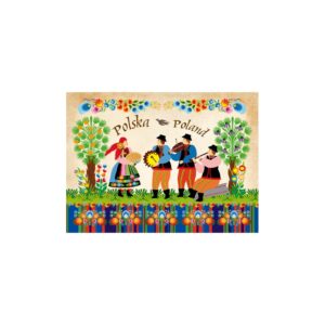 Carte représentant un groupe de musique folklorique polonaise en costumes traditionnels, avec des instruments, accompagnée d'une enveloppe assortie.