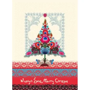 Carte de Noël avec un motif de sapin décoré, idéale pour transmettre des vœux chaleureux pendant la saison des fêtes.