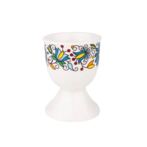 Coquetier en céramique décoré de motifs traditionnels cachoubes, lavable au lave-vaisselle et compatible avec le micro-ondes.