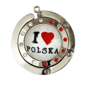 Crochet de sac I Love Polska en métal durable avec design patriotique, compact et portable, parfait pour accrocher votre sac en toute sécurité.
