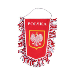 Image d'un fanion à frange arborant le mot "POLSKA" avec des couleurs vives et un design élégant, parfait pour afficher votre fierté nationale.