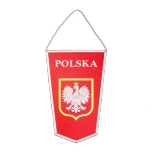 Image d'un grand fanion de la Pologne en tissu de haute qualité, avec des couleurs vives et des coutures renforcées, idéal pour afficher la fierté nationale lors d'événements ou comme décoration.