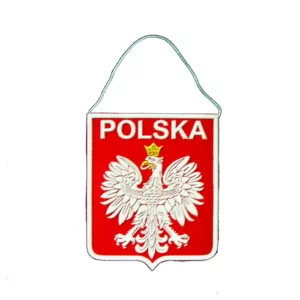 Image d'un petit fanion de la Pologne en tissu durable avec des couleurs vives et des œillets renforcés, idéal pour les événements patriotiques et les décorations.
