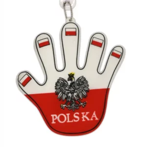 Décoration ventouse Polska avec design du drapeau polonais, idéale pour fenêtres, voitures et surfaces lisses, facile à installer et déplacer.
