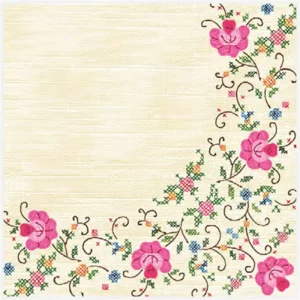 Serviettes en papier polonaises avec broderie florale traditionnelle, affichant des motifs colorés et détaillés qui capturent l'essence de l'artisanat polonais.
